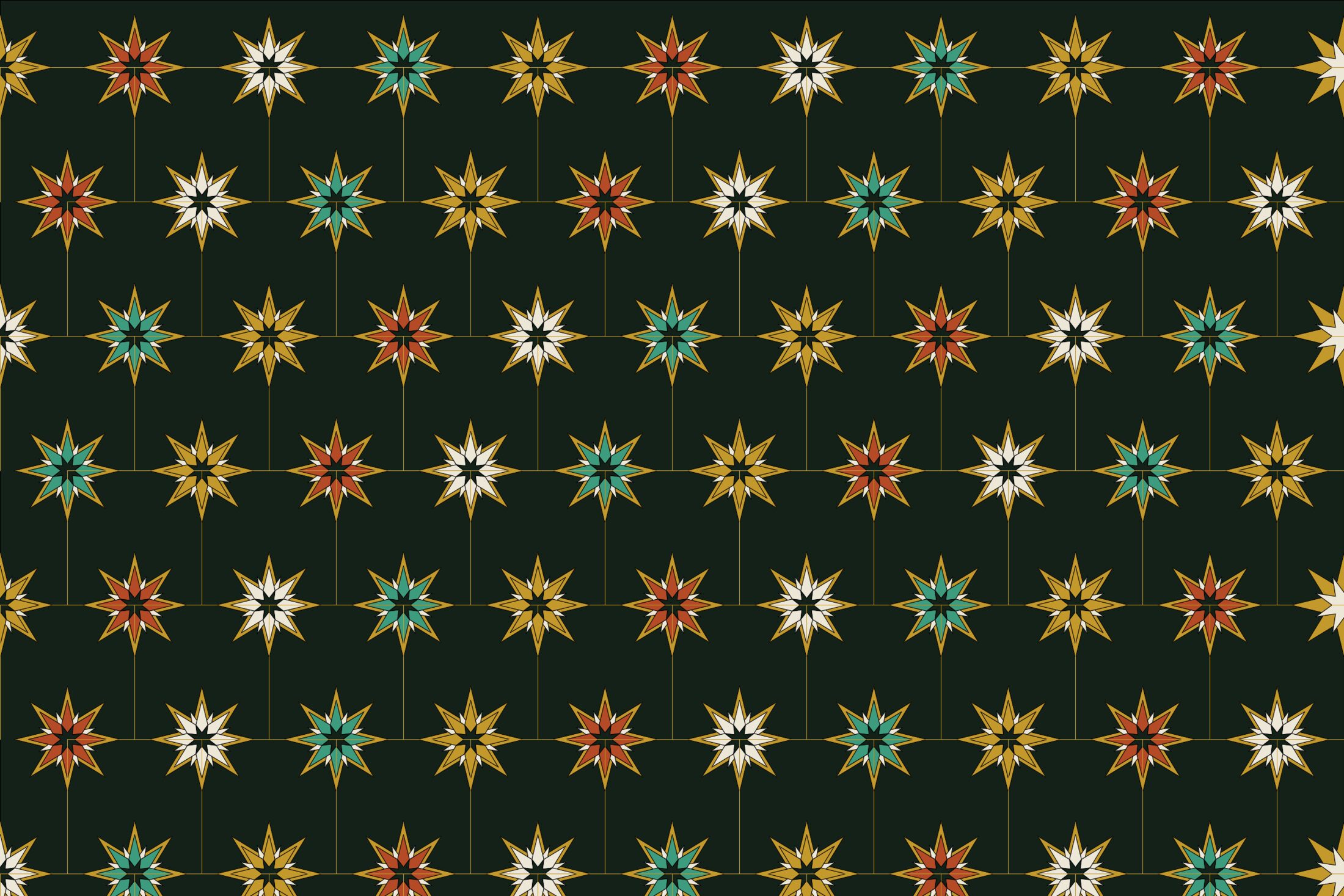 Résille de zellige marocain : étoiles à huit branches en laiton, terre cuite et ivoire.